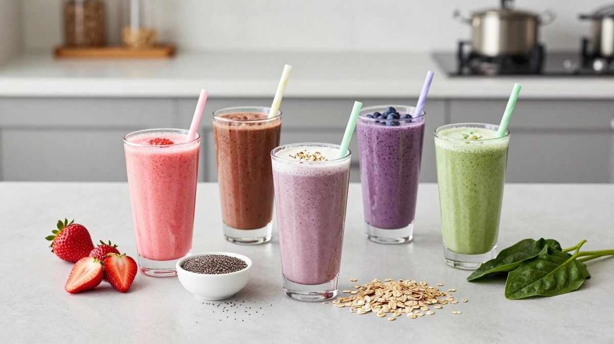 protein shake recipes for weight loss served in glasses with fresh fruit