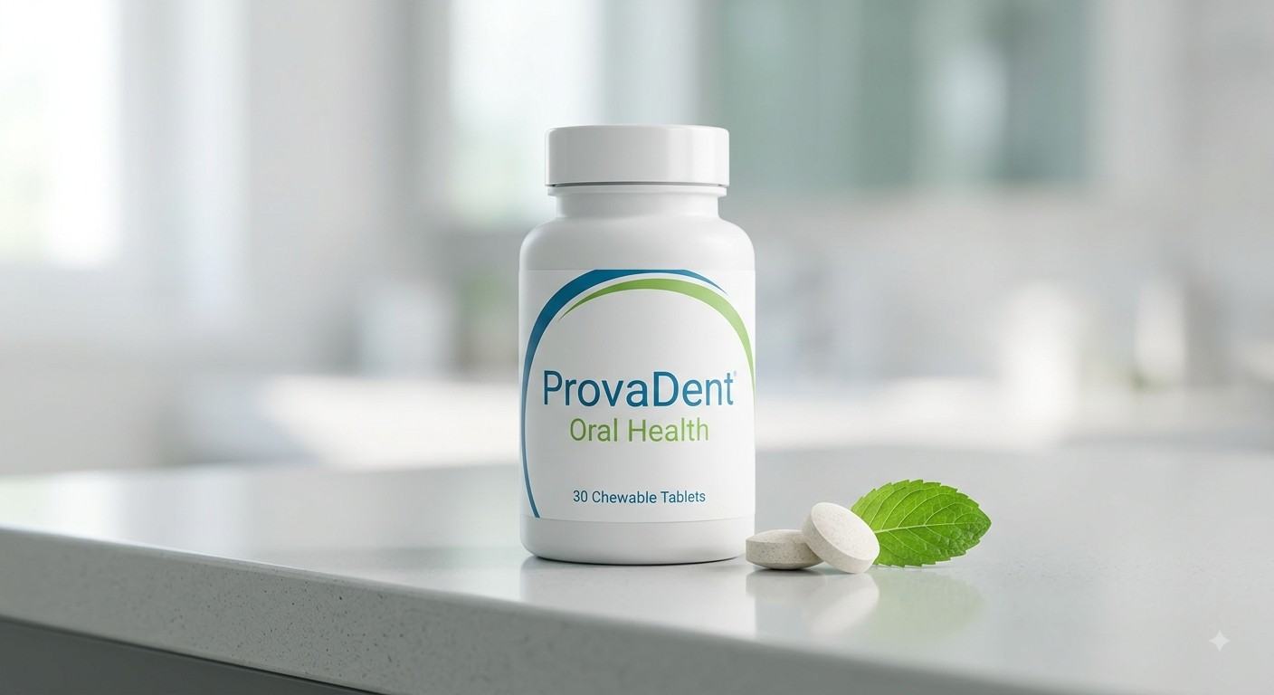 A bottle of provadent oral health chewable supplement tablets on a clean background