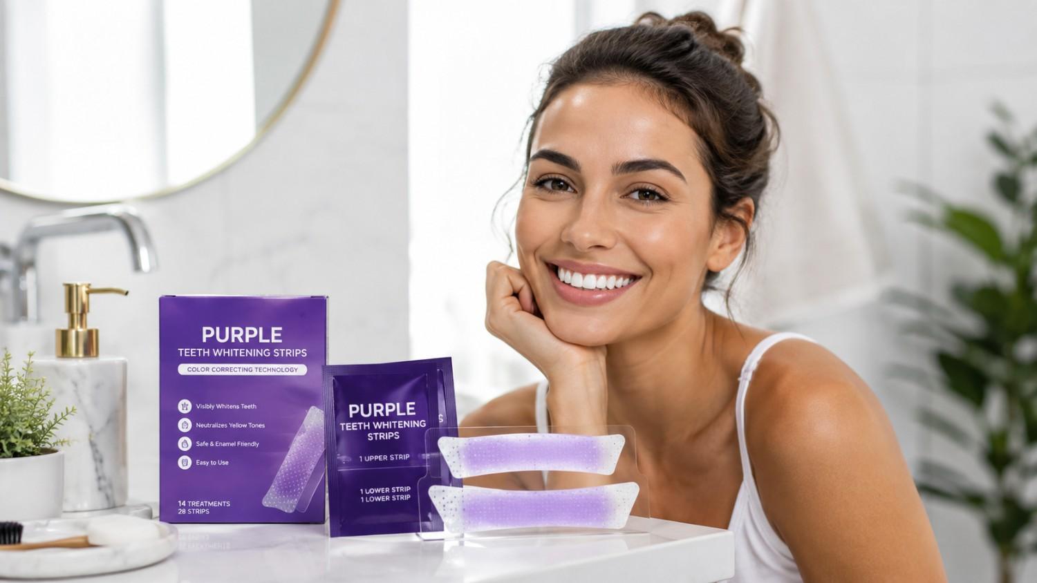 Purple teeth whitening strips displayed with a bright healthy smile