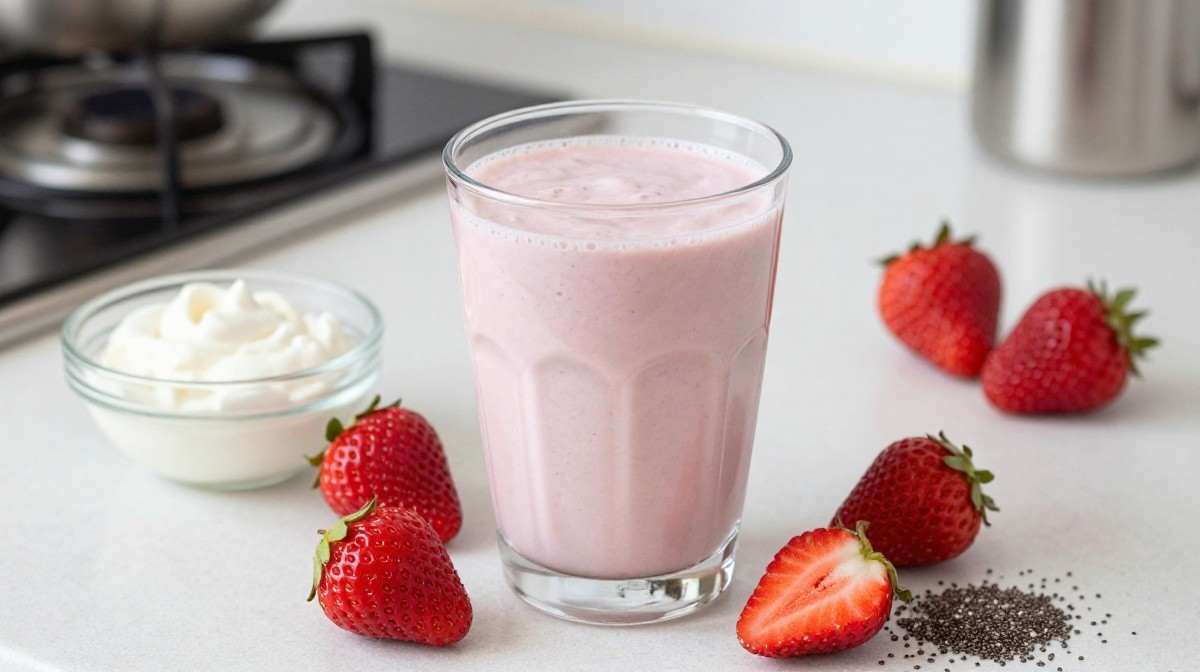 Strawberry Greek yogurt protein shake with fresh strawberries