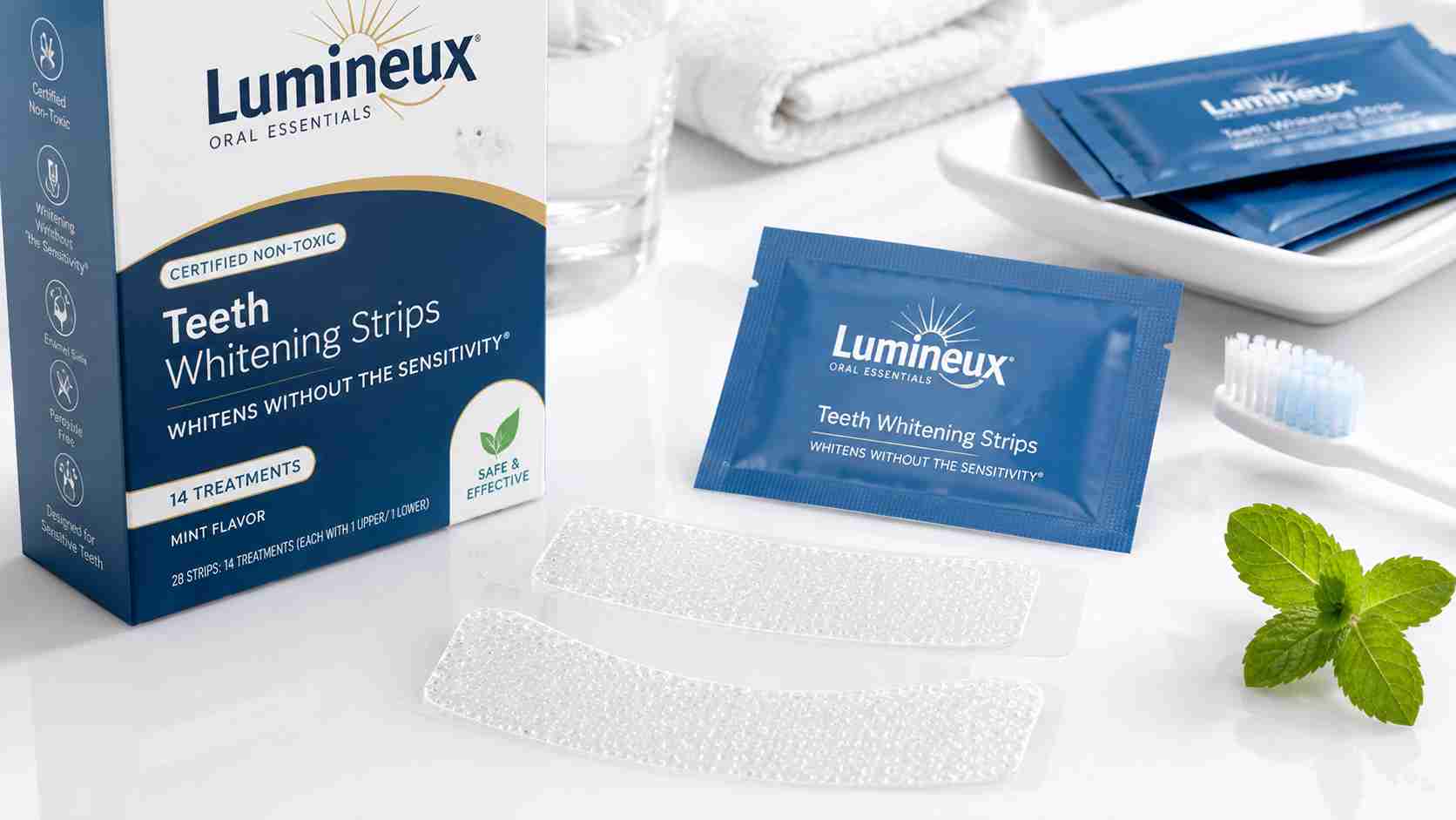 Close-up of Lumineux teeth whitening strips and application strip