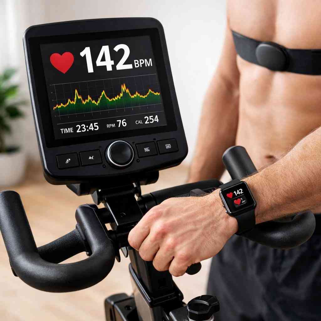 Heart rate monitoring during a stationary bike workout for fat burning.