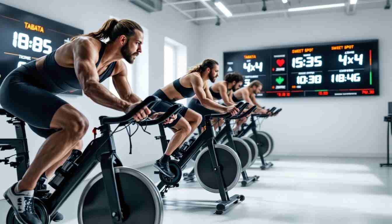 High-intensity interval training on a gym bicycle with timer display.