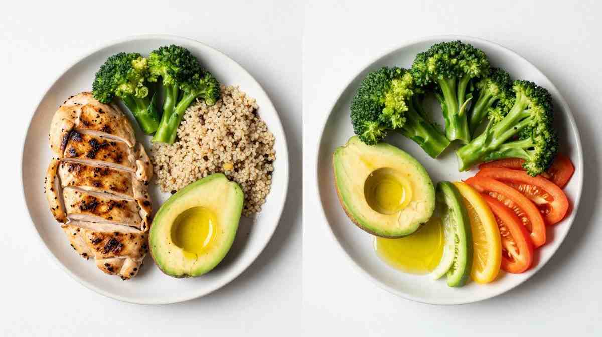 Balanced plate with lean protein vegetables whole grains and healthy fats