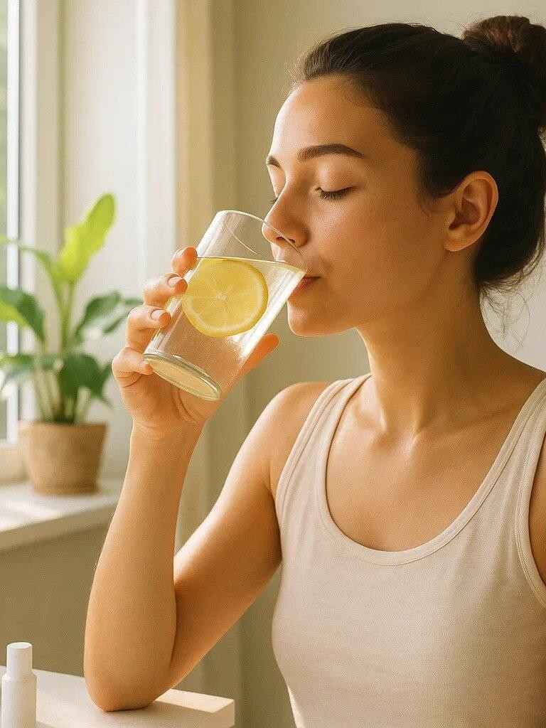 Healthy morning hydration routine with pink salt and lemon water.