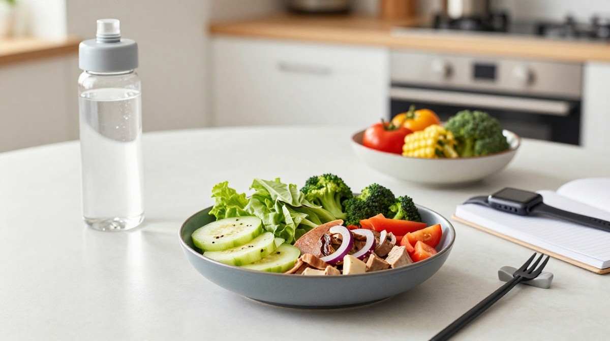 Healthy lifestyle habits including balanced meals hydration and fitness