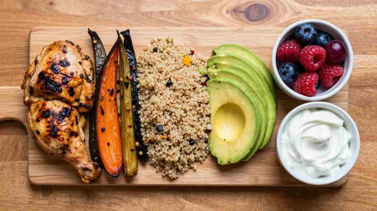 Balanced high-protein meal with chicken vegetables and whole grains