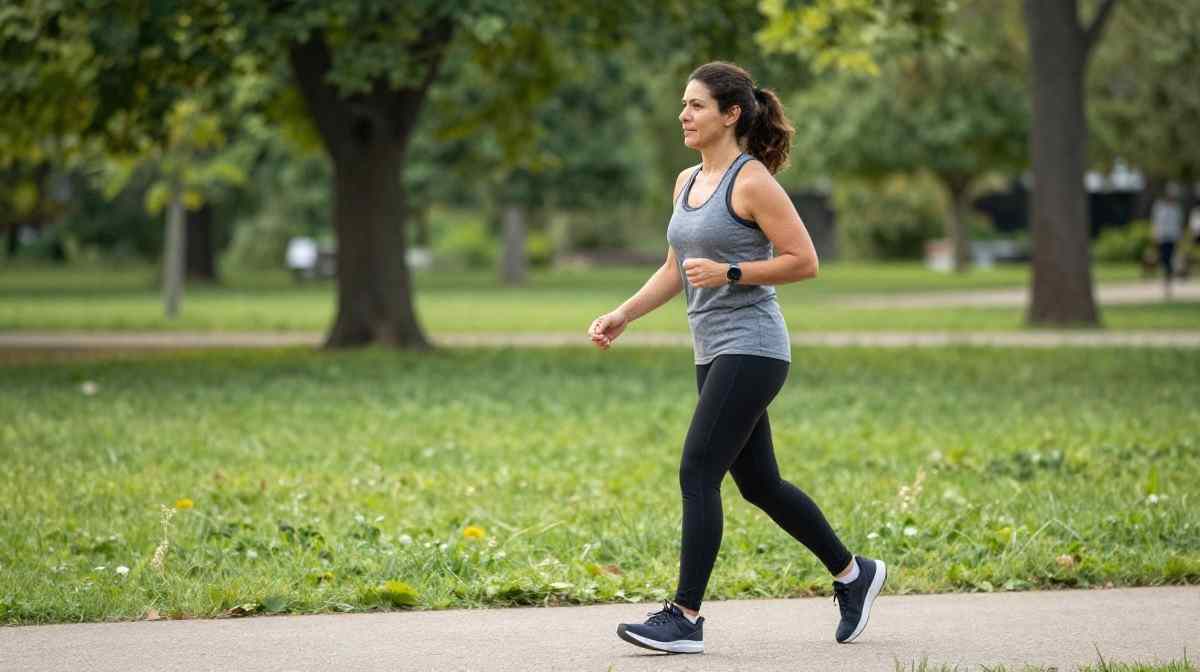 Woman enjoying a brisk walk in a public park for healthy weight management