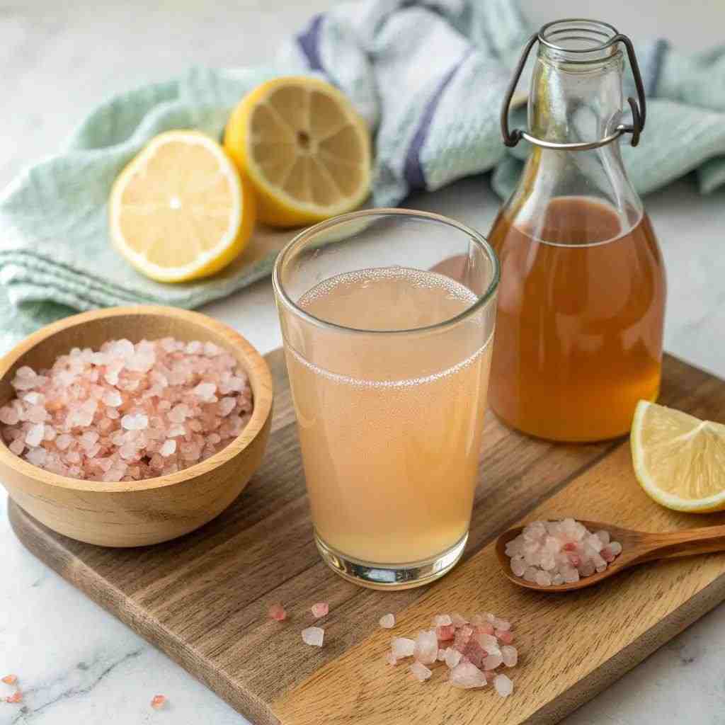 Ingredients for pink salt trick recipe including Himalayan salt, lemon and warm water.