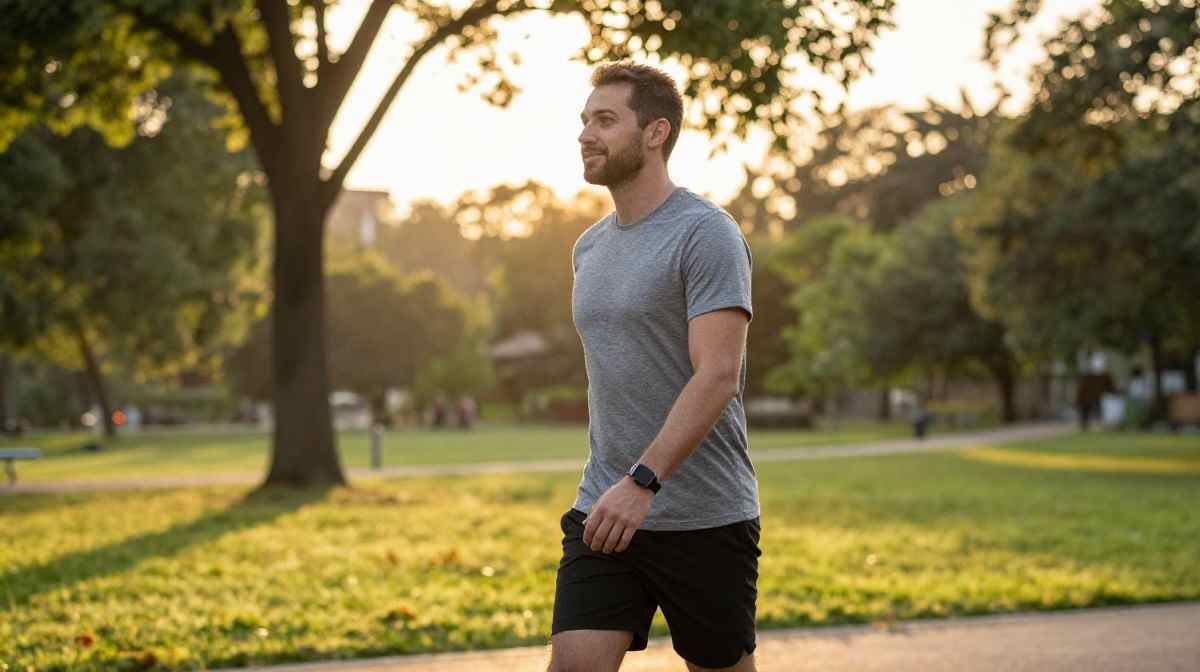 Healthy adult enjoying an outdoor walk as part of a sustainable wellness routine