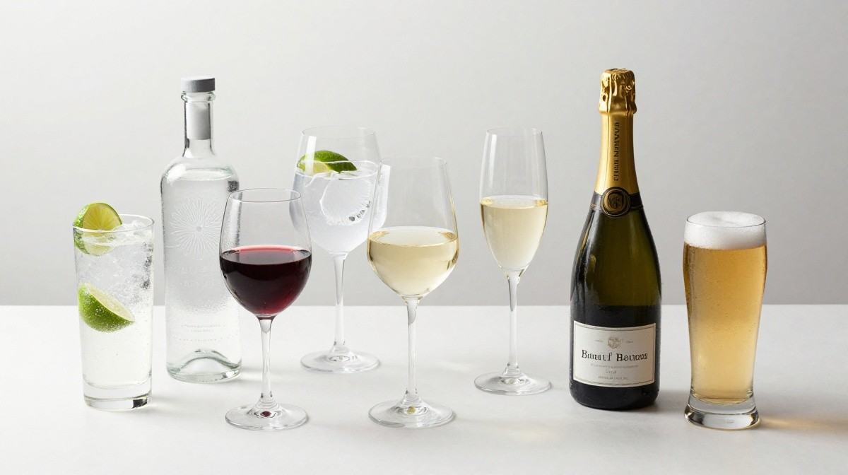 seven lower-calorie alcoholic drink choices including wine beer and spirits