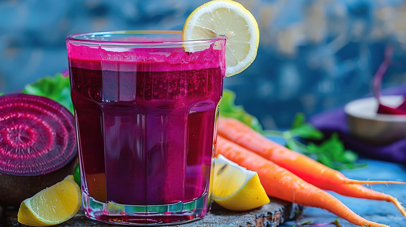 Ruby-red beetroot and carrot juice with fresh beetroot and carrots.