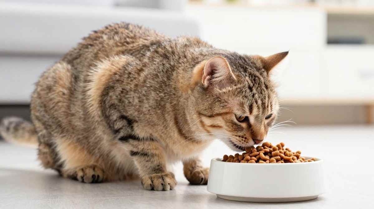 healthy overweight cat eating weight management food