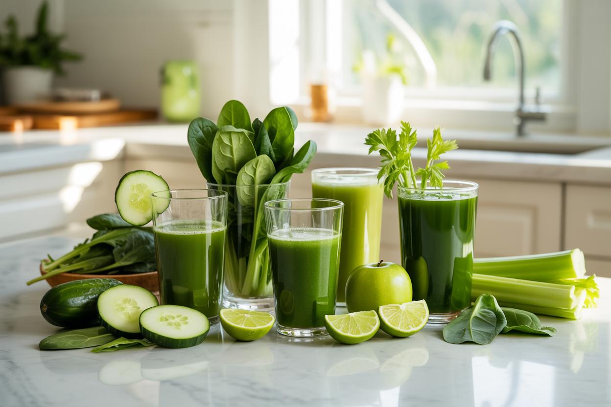 Fresh green vegetable juice with cucumber, celery, and spinach.