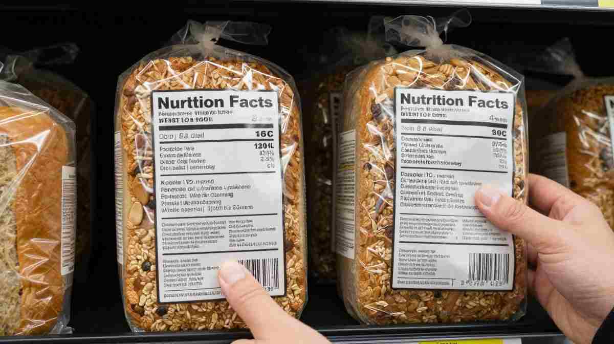 Comparing bread Nutrition Facts labels at a U.S. grocery store