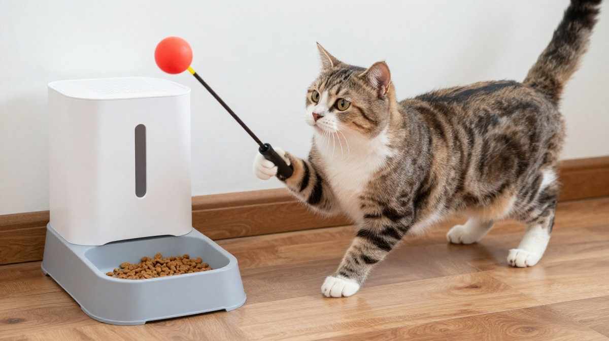 cat exercising and using puzzle feeder for weight management
