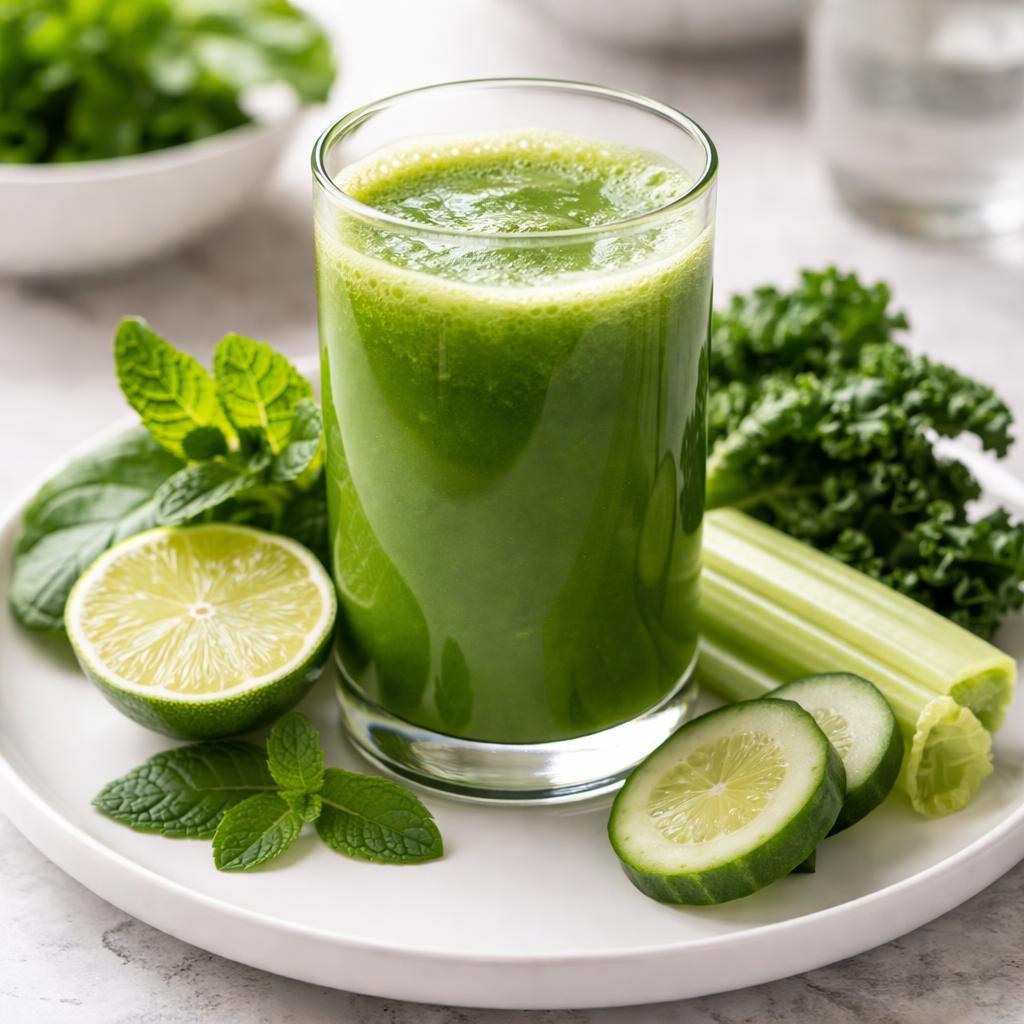 Homemade cucumber and celery juice with lemon and fresh mint