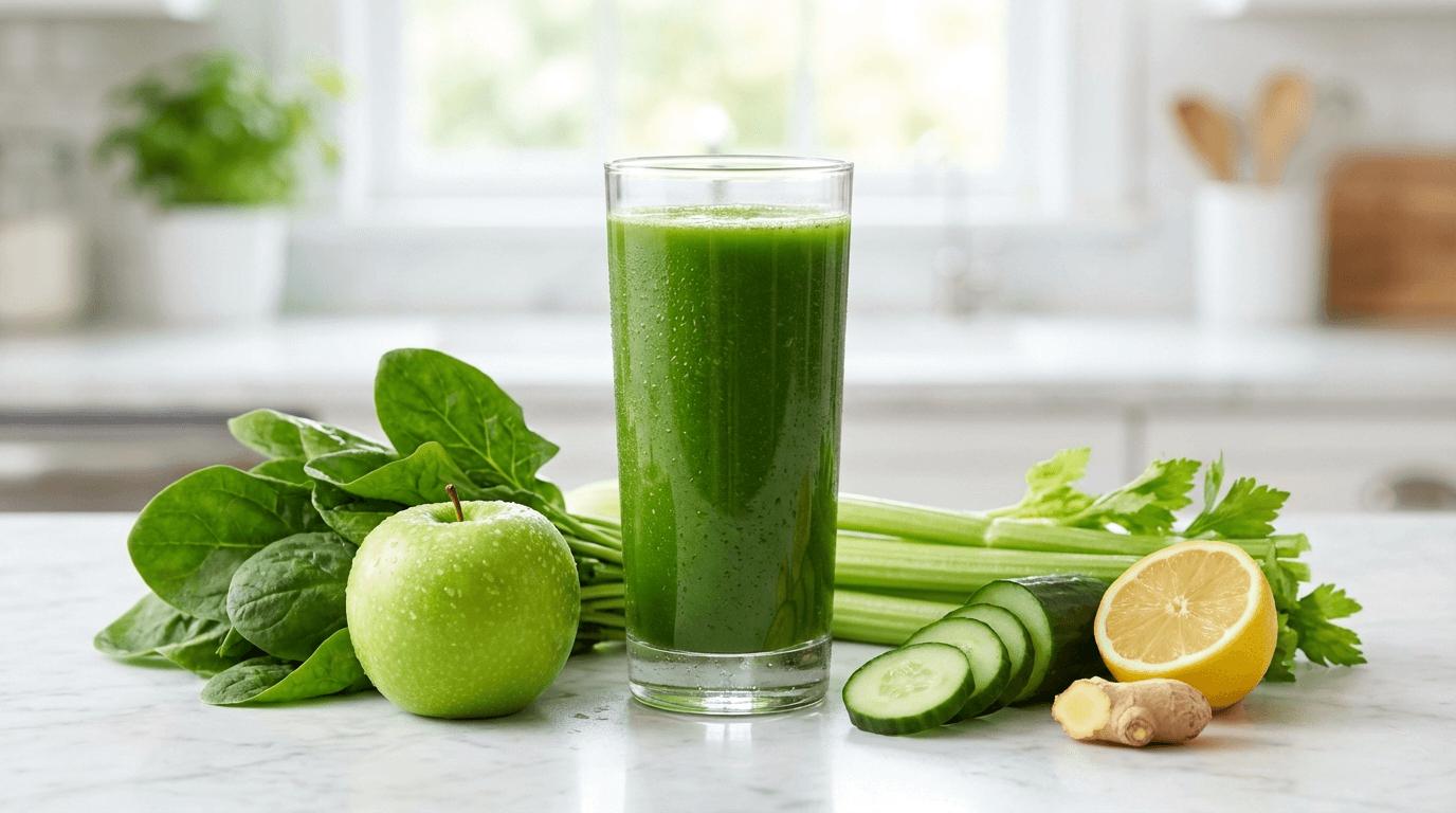 Green juice made with spinach, cucumber, green apple, and lemon.