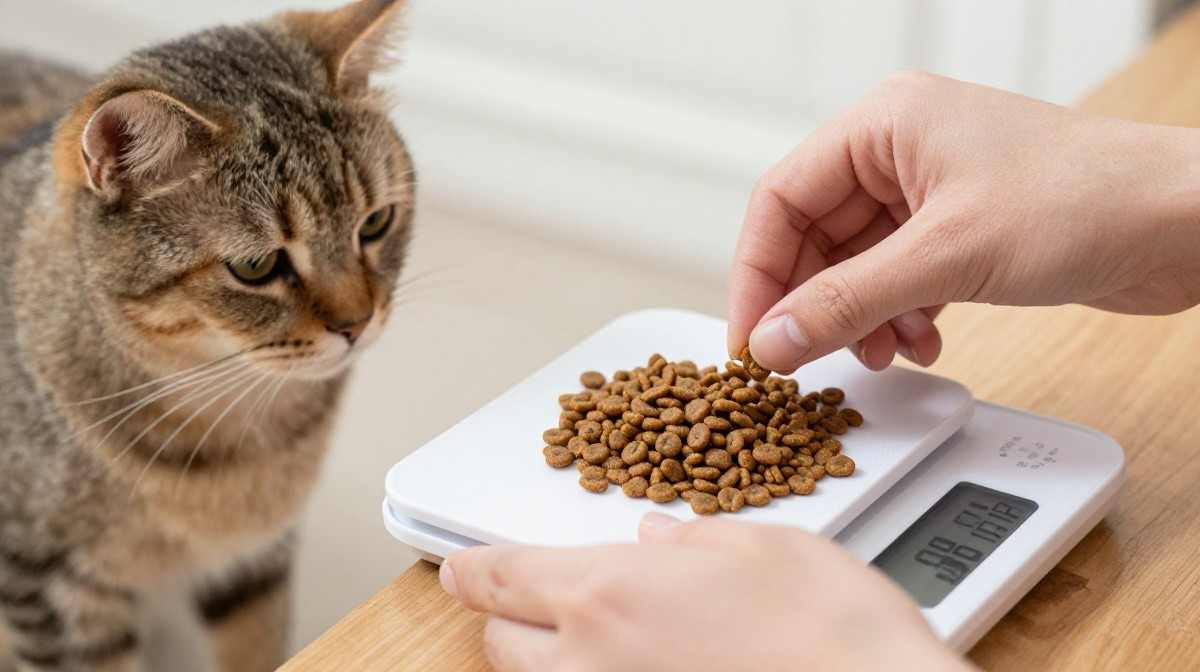 measuring cat food portions with kitchen scale