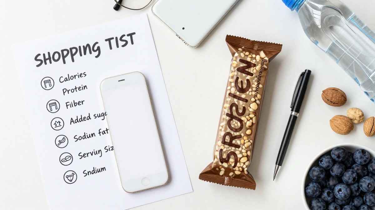 Protein bar buying checklist for calories protein fiber sugar and ingredients
