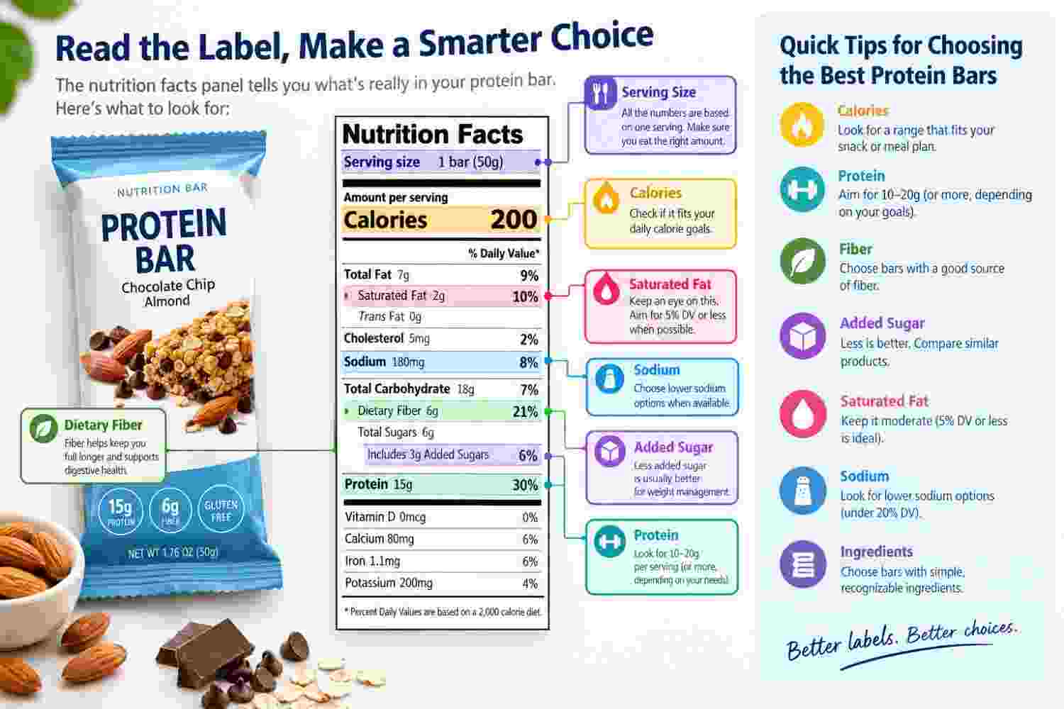 Protein bar nutrition label showing calories protein fiber and added sugar