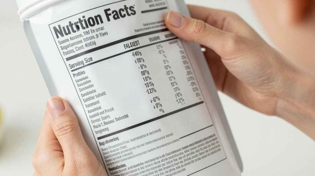 Protein powder nutrition label showing protein calories sugar and ingredients