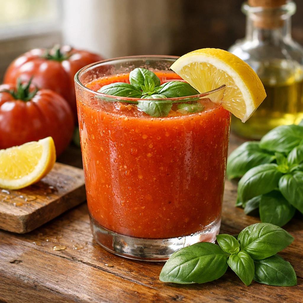 Fresh tomato and lemon juice with ripe tomatoes and basil.