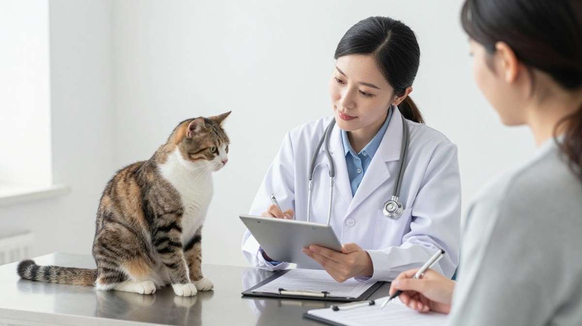 veterinarian discussing cat weight management with owner
